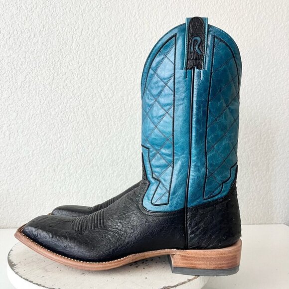 Rod Patrick Mens Cowboy Boots 13 AA Black Ostrich Blue Top Western Square Toe - Picture 4 of 12